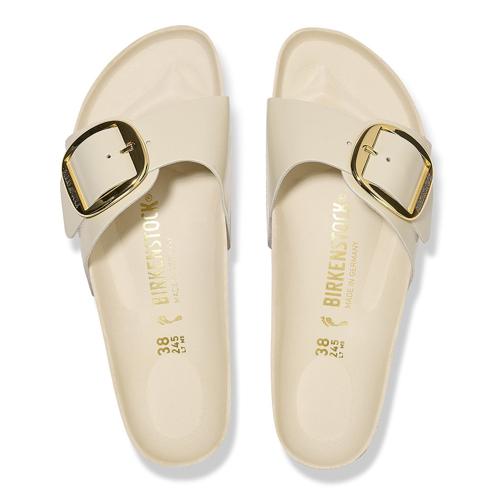 '- ["Birkenstock","Ciabatte","Donna","PE25","Scarpe"] - Birkenstock Madrid Big Buckle Shine Ecru Natural Leather - Lupis SRL