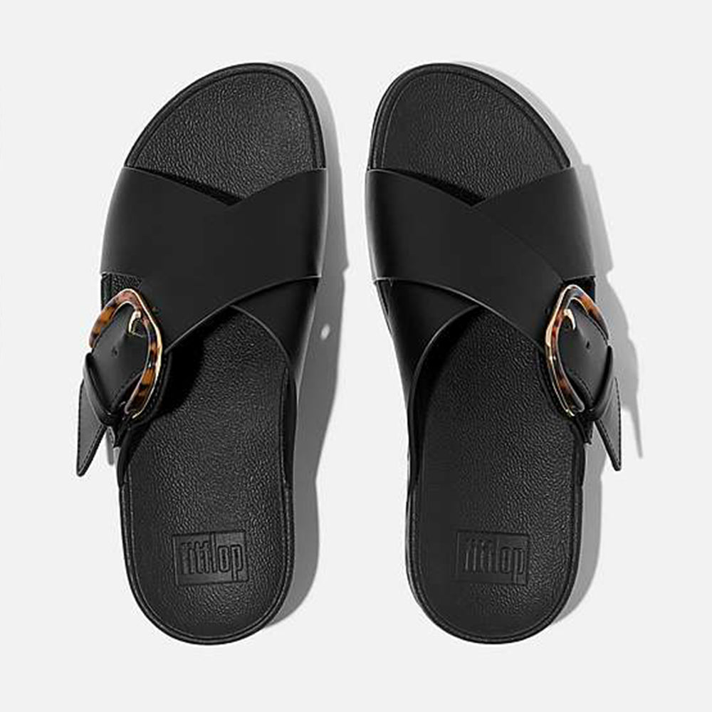  - ["Ciabatte","Donna","FitFlop","PE25","Scarpe"] - Fitflop Ciabatte Lulu Resin Buckle Leather Cross Slides All Black - Lupis SRL
