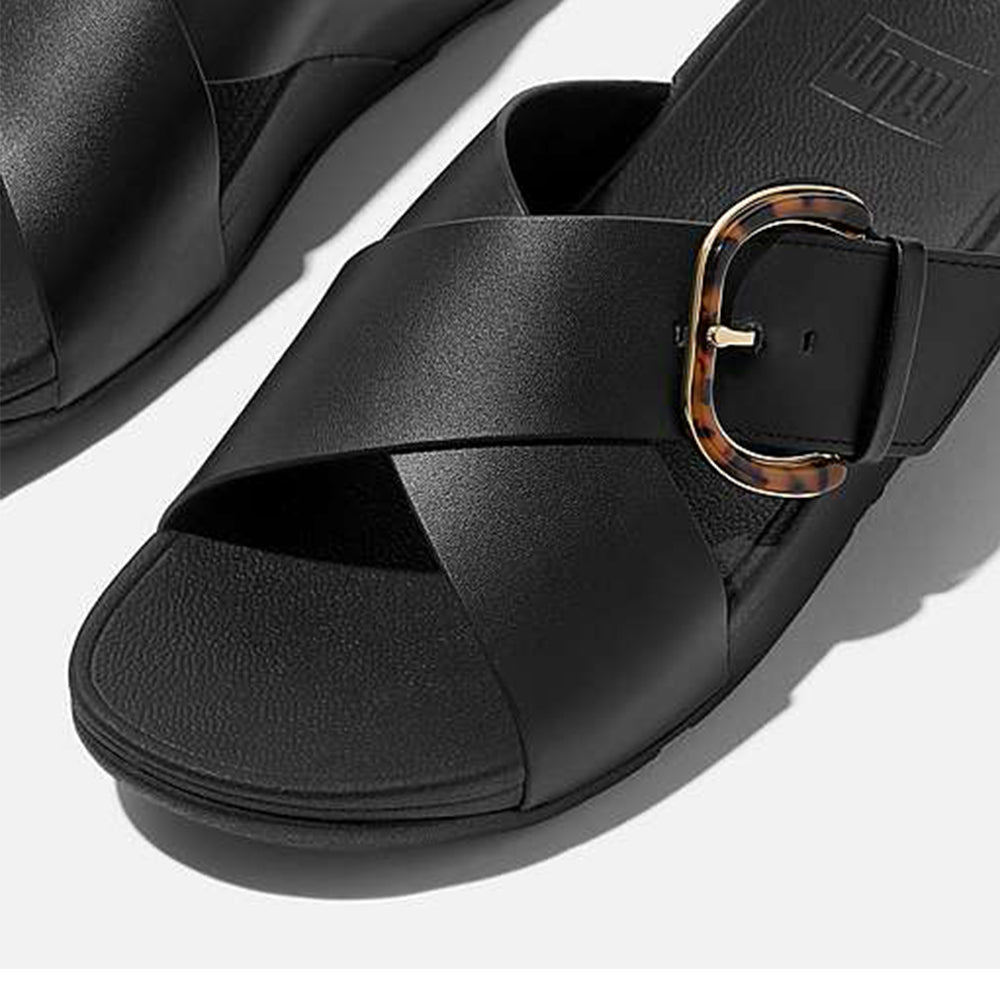  - ["Ciabatte","Donna","FitFlop","PE25","Scarpe"] - Fitflop Ciabatte Lulu Resin Buckle Leather Cross Slides All Black - Lupis SRL