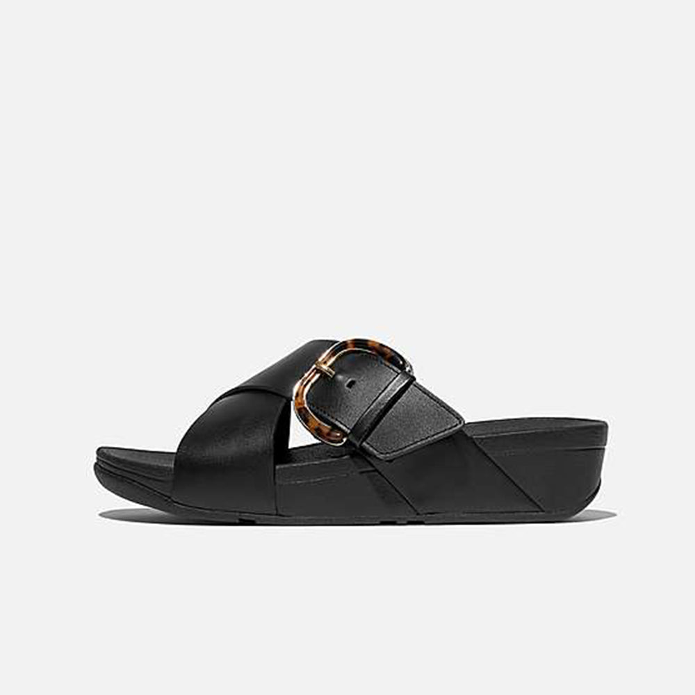  - ["Ciabatte","Donna","FitFlop","PE25","Scarpe"] - Fitflop Ciabatte Lulu Resin Buckle Leather Cross Slides All Black - Lupis SRL
