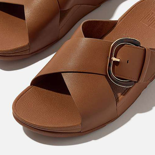 Fitflop Ciabatte Lulu Resin Buckle Leather Cross Slides Deep Tan
