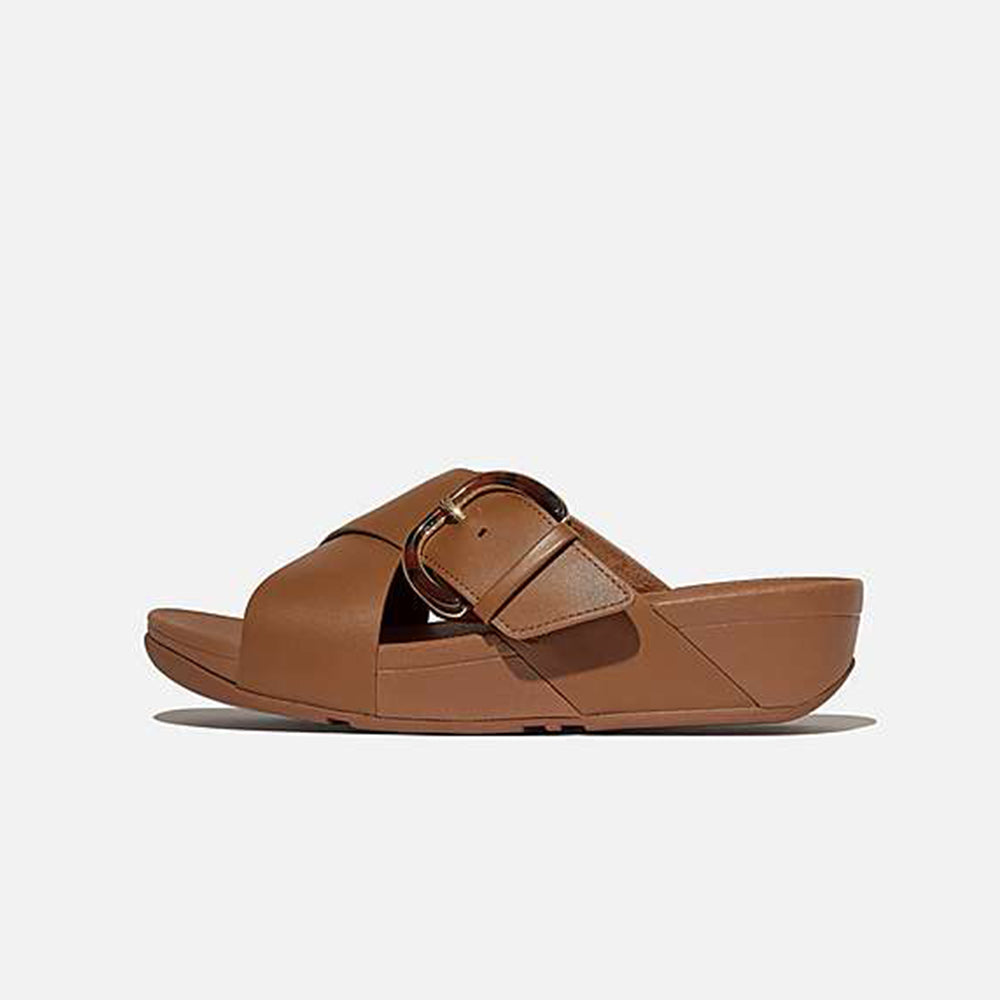 Fitflop Ciabatte Lulu Resin Buckle Leather Cross Slides Deep Tan