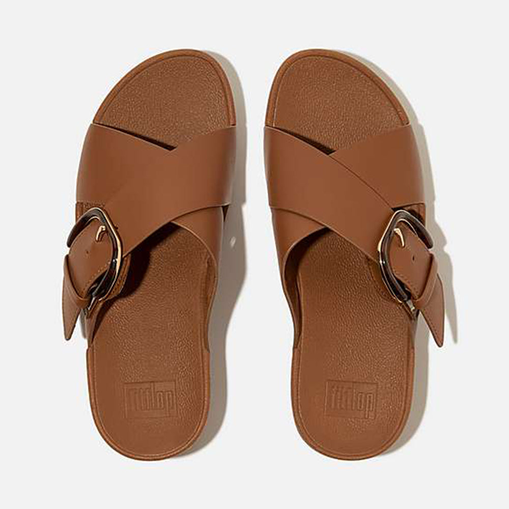 Fitflop Ciabatte Lulu Resin Buckle Leather Cross Slides Deep Tan