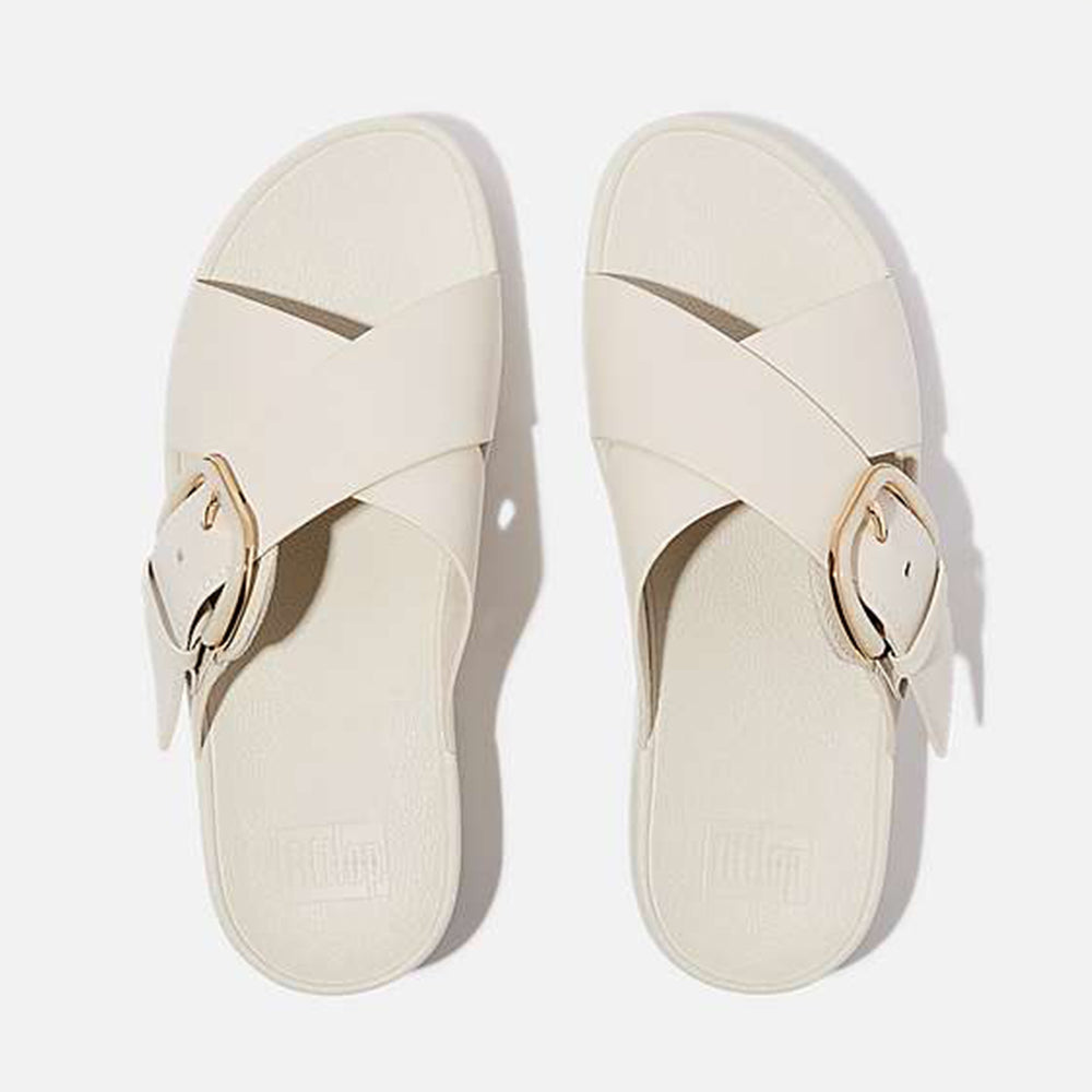 Fitflop Ciabatte Lulu Resin Buckle Leather Cross Slides Paris Beige