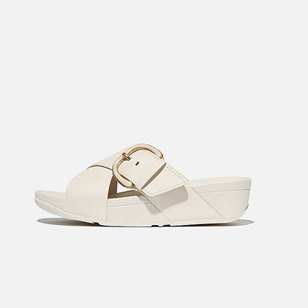 Fitflop Ciabatte Lulu Resin Buckle Leather Cross Slides Paris Beige